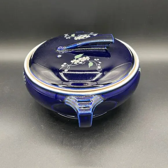 Vtg Hall China Sundial Casserole Dish with Lid - Cobalt Blue Garden Decal - Picture 2 of 10